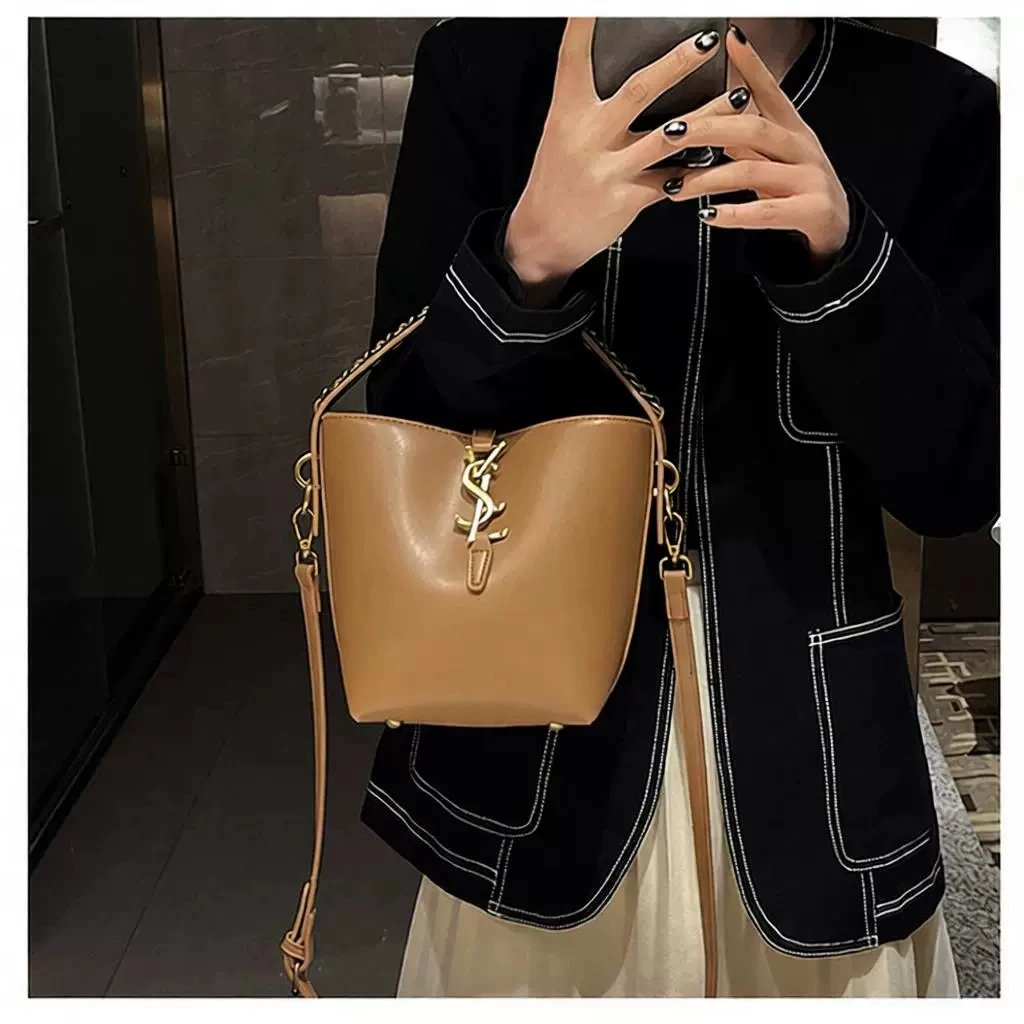 Saint Laurent Medium Black Leather Chain Handle Bucket Bag
