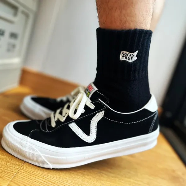 Design Ribbed Cuff Crew Socks Beige with Black Toe and Heel - 13