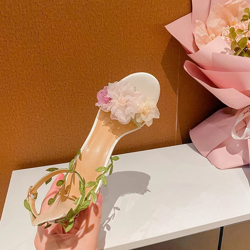 Design Floral Vine Ankle-Strap Stiletto Heels White - 8