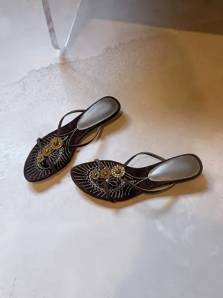 Design Embellished Suede Thong Sandals in Dusty Gray - 8