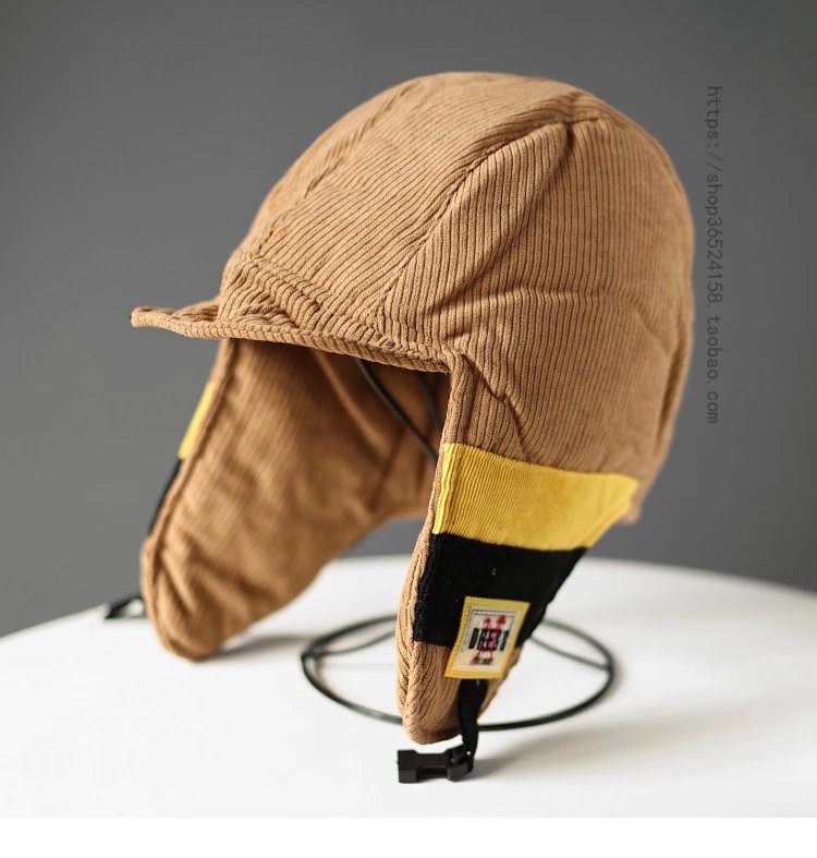 Diesel Trapper Hat Brown Corduroy with Yellow Black Trim - 3