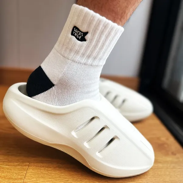 Design Ribbed Cuff Crew Socks Beige with Black Toe and Heel - 14