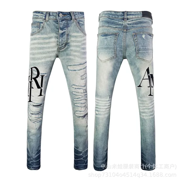 Amiri Script Logo Distressed Slim Fit Jeans Blue - 14