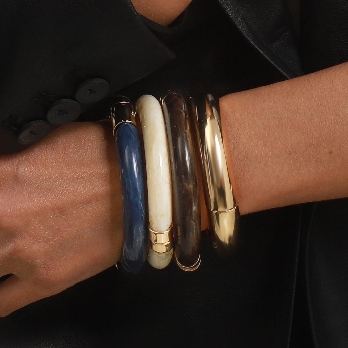 Resin Bangle Set Multicolor Gold-Tone Stackable Bracelets