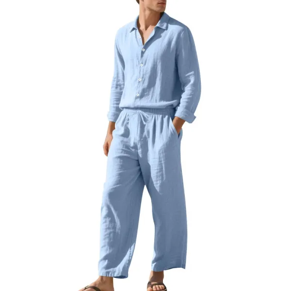 Design Linen Shirt and Drawstring Pants Set White Casual Set - 34