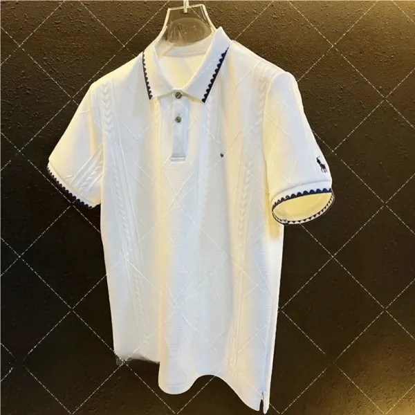 Polo Ralph Lauren Textured Knit Polo White with Navy Trim Polo Shirt - 2