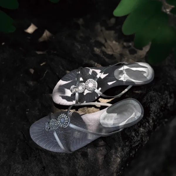 Design Embellished Suede Thong Sandals in Dusty Gray - 19