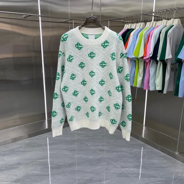 Design Knit Sweater with Green Logo Pattern White - 9