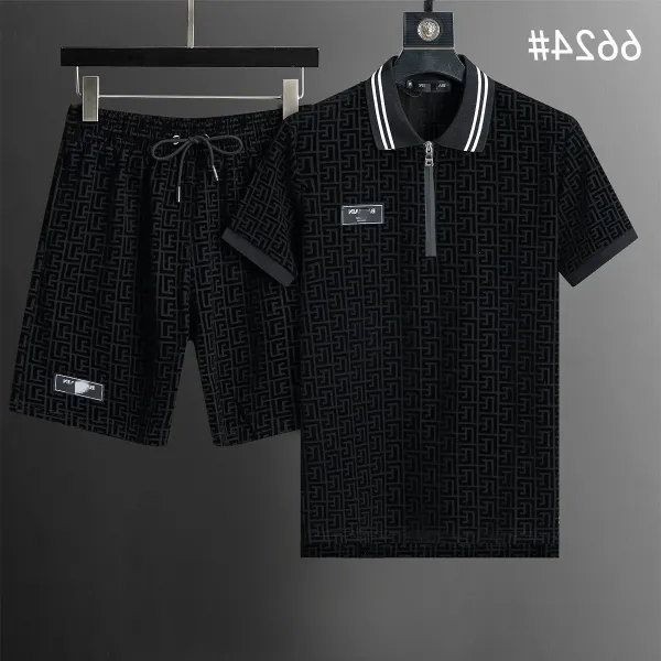 Design Geometric Pattern Half-Zip Polo and Shorts Set Black - 1