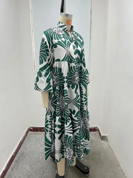 Design Tropical Leaf Print Shirt Dress in Cream and Green - 8