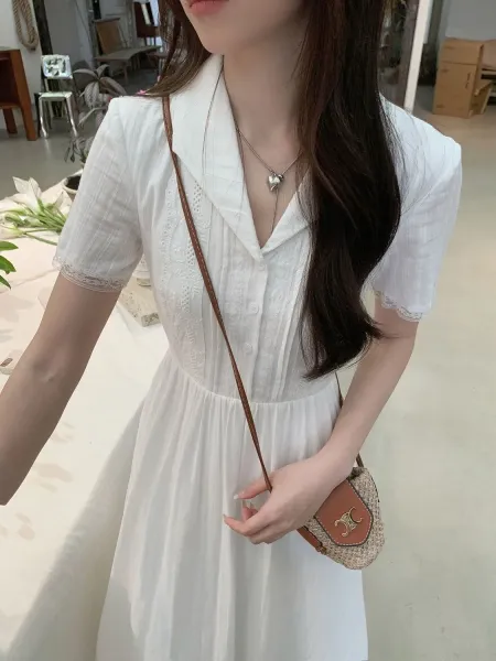 Design Shirt Dress with Lace Hem in White - 6