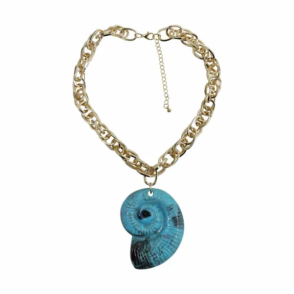 Design Ammonite Pendant Necklace Gold-Tone Chain Turquoise Blue Jewelry - 1