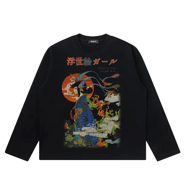 Design NOTSEXx Ukiyo-e Girl Black Long Sleeve T-Shirt T-Shirts - 1