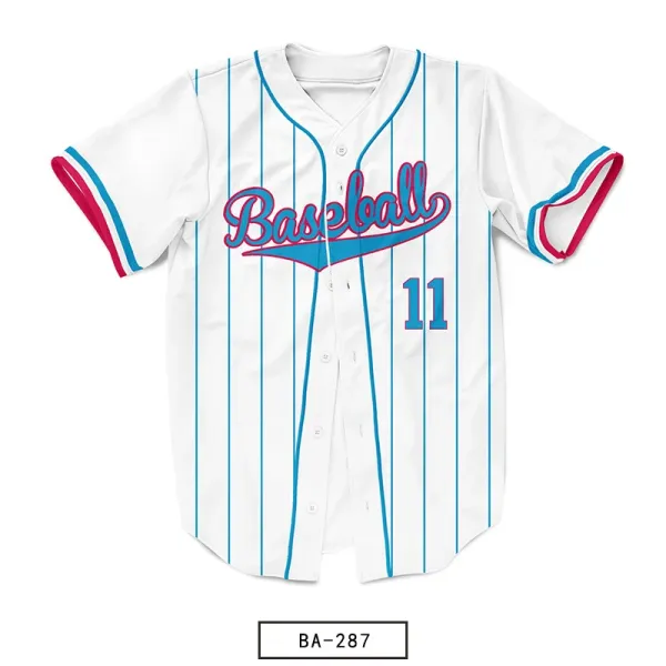 Design Baseball Jersey White with Blue and Pink Pinstripes - 1