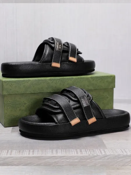 Design Slide Sandal White Leather Strap Slippers - 5