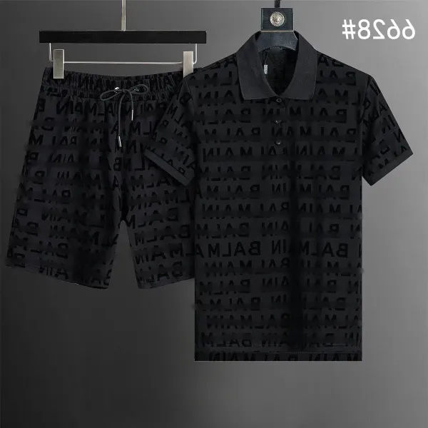 Balenciaga Monogram All-Over Print Black Polo and Shorts Set - 1