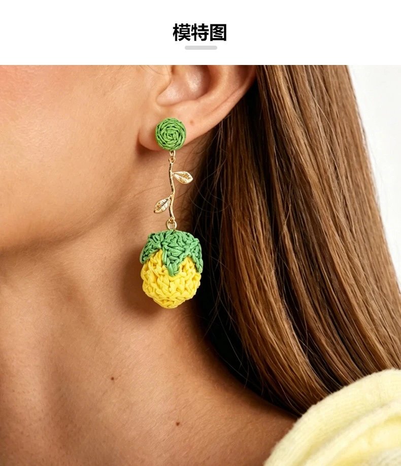 Design Pineapple Rose Earrings Yellow Green Jewelry - 6