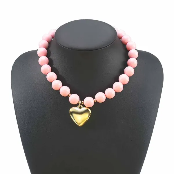 Design Heart Pendant Necklace Pink Bead Necklace Jewelry - 1