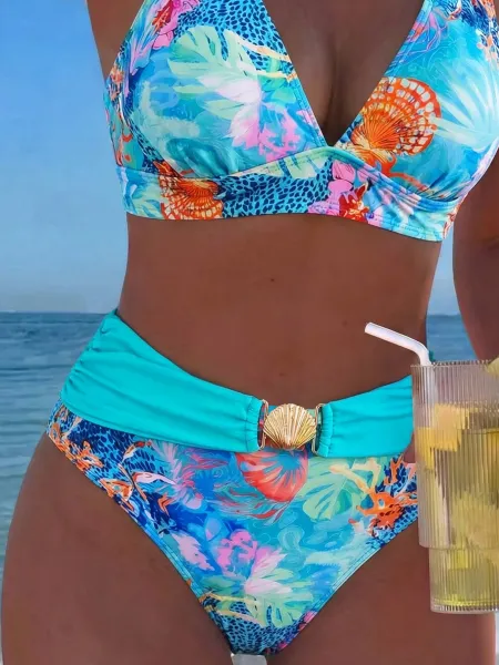 Design Sea Life Print Halter Neck Bikini Set with Shell Buckle Waistband Swimwear - 19