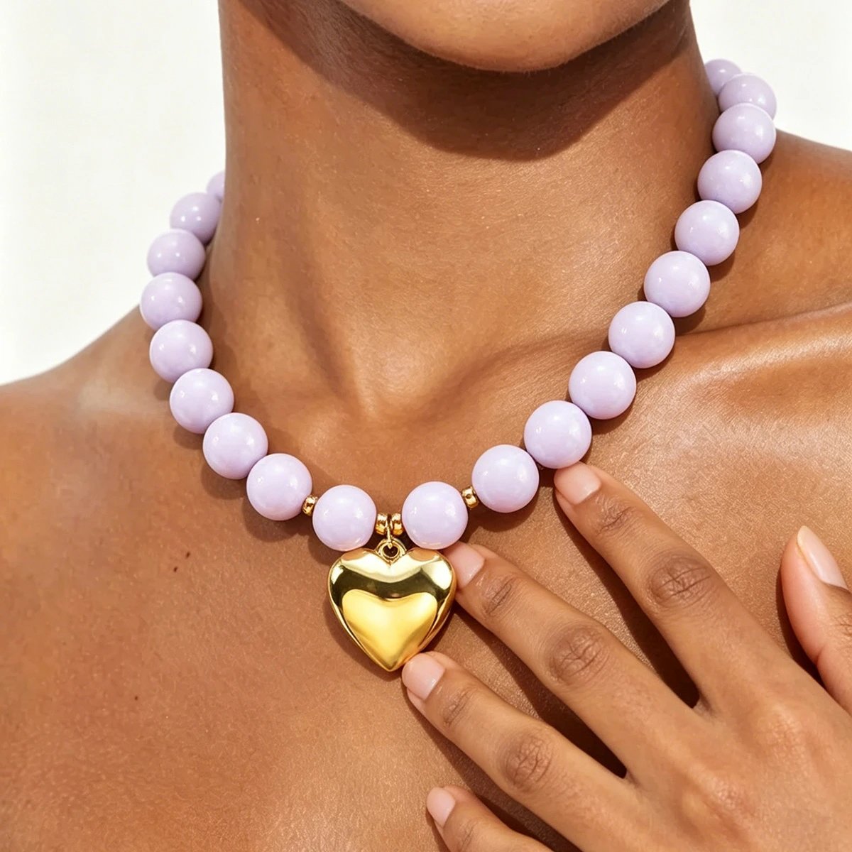 Design Heart Charm Bracelet Lilac Beaded Stretch Bracelet Jewelry - 12