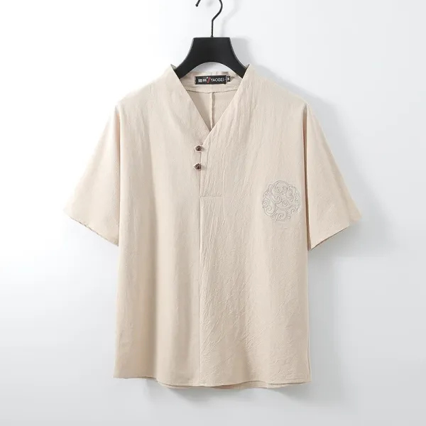 Design YAOBEI V-Neck Linen Blend Shirt White Shirt - 7