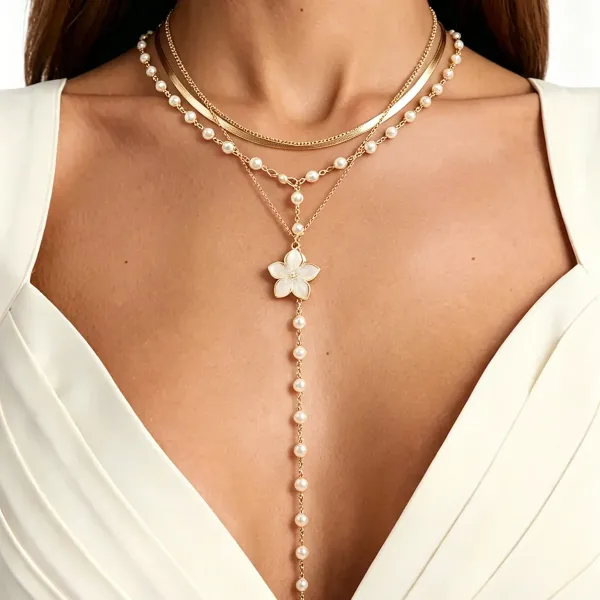 Design Layered Pearl Flower Pendant Necklace Gold Jewelry - 9