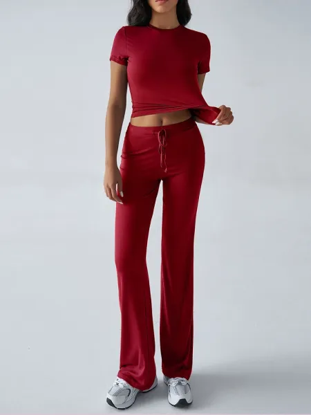 Design Cropped Tee and Wide-Leg Joggers Set Navy Blue - 21