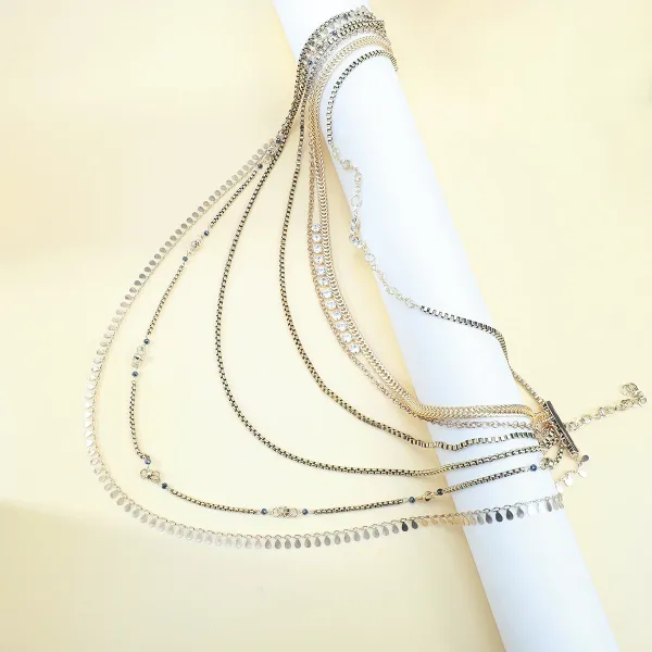 Design Layered Multi-Chain Crystal Pendant Necklace Silver Jewelry - 14