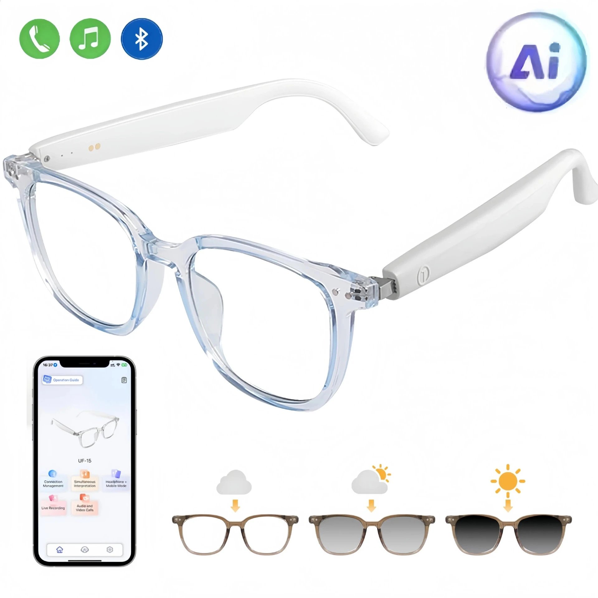 New Premium AI Smart Glasses with Translation, Music, Noise-Cancelling Calls, Meeting Recording, Ultra-Long Battery Life - Bluetooth Glasses