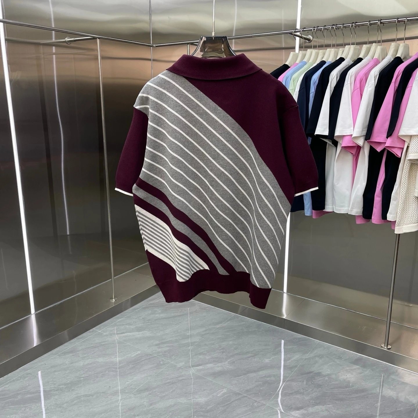 Casablanca Half-Zip Polo Burgundy Gray Striped Knit Polo Polo Shirt - 8