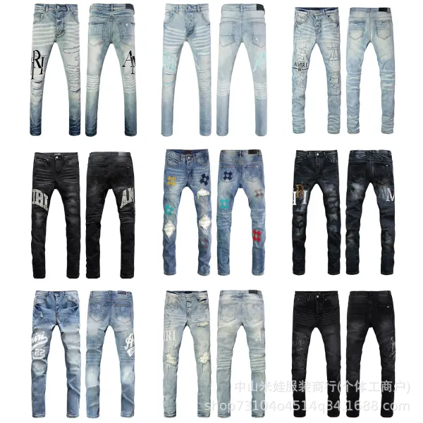Amiri Script Logo Distressed Slim Fit Jeans Blue - 19