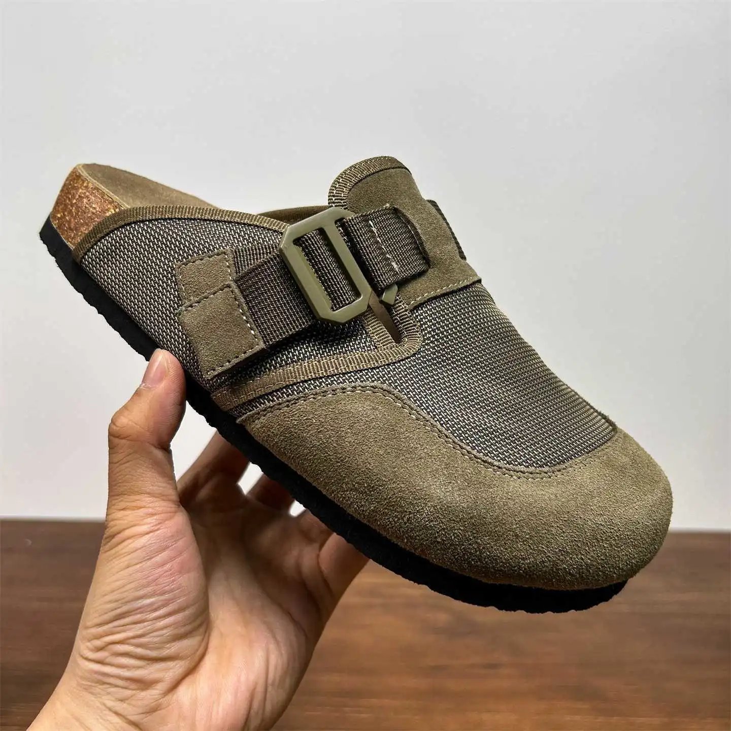 Olive Green Suede Mesh Buckle Slide Sandals