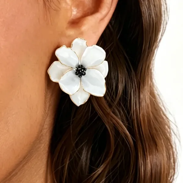Design Floral Enamel Stud Earrings White with Black Crystal Center Jewelry - 7