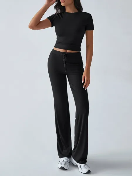 Design Cropped Tee and Wide-Leg Joggers Set Navy Blue - 41