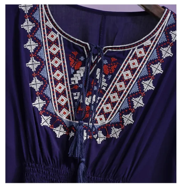 Design Boho Embroidered Lace Trim Tunic Top in Deep Purple Tops - 27