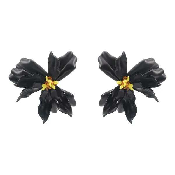 Design Floral Statement Earrings Black with Yellow Center Jewelry - 1