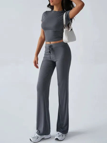 Design Cropped Tee and Wide-Leg Joggers Set Navy Blue - 48