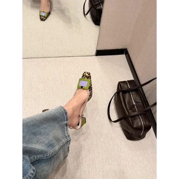 Design Leopard Print Slingback Block Heel with Lime Green Buckle Shoes - 21