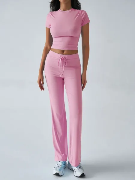Design Cropped Tee and Wide-Leg Joggers Set Navy Blue - 51