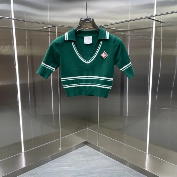 Design Knit Tennis Set Green with White Stripes and Embroidered Logo Skirt and Polo Top - 3