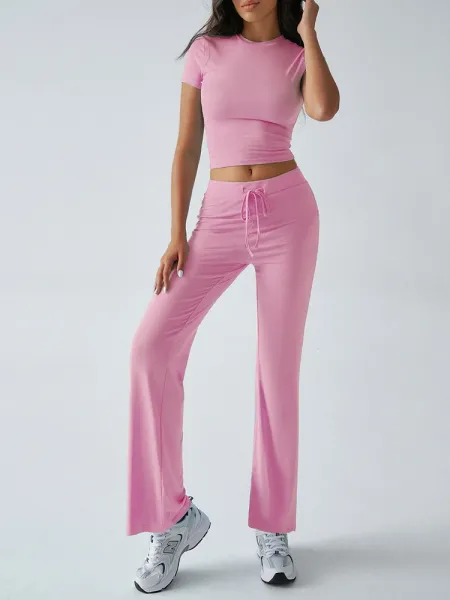 Design Cropped Tee and Wide-Leg Joggers Set Navy Blue - 52