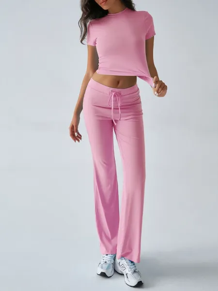 Design Cropped Tee and Wide-Leg Joggers Set Navy Blue - 53