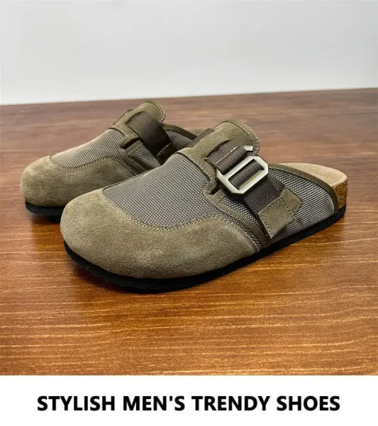 Design Buckle Strap Mule in Army Green Mesh and Suede Slippers - 3