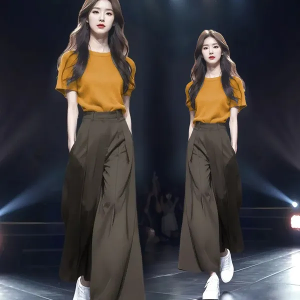 Design Knit Short-Sleeve Top in Lime Yellow and High-Waisted Wide-Leg Pants in Black Clothing - 3
