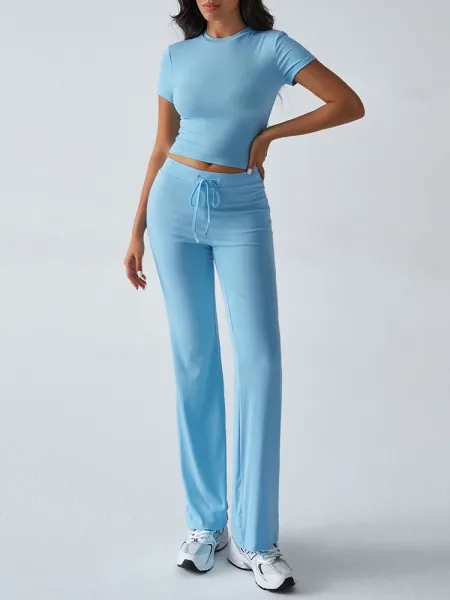 Design Cropped Tee and Wide-Leg Joggers Set Navy Blue - 56