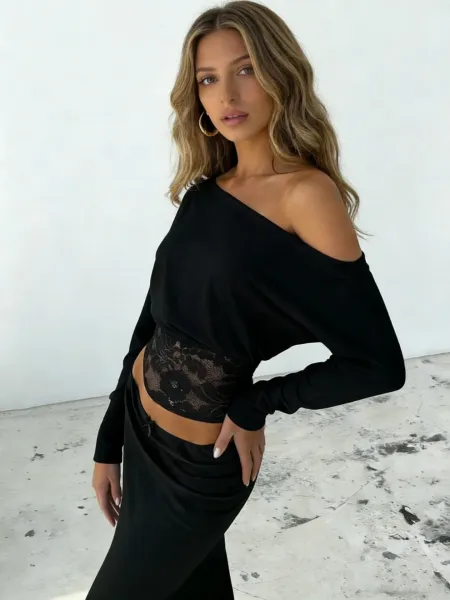 Design Off-Shoulder Cropped Top with Lace Waistband White - 14