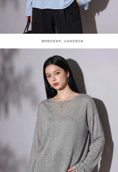 Design Long Sleeve Crewneck Top Light Blue Sweater - 8