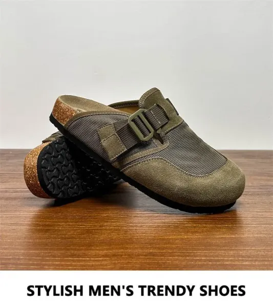 Design Buckle Strap Mule in Army Green Mesh and Suede Slippers - 5