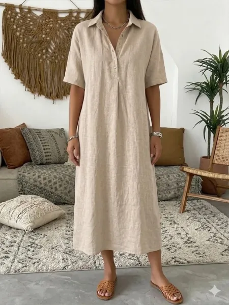 Design Linen Shirt Dress Beige Casual Dress - 10