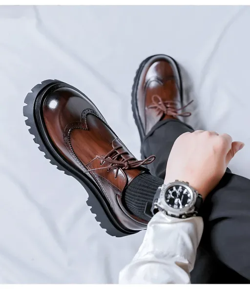 Design Brogue Platform Oxford Black Leather Shoes - 13